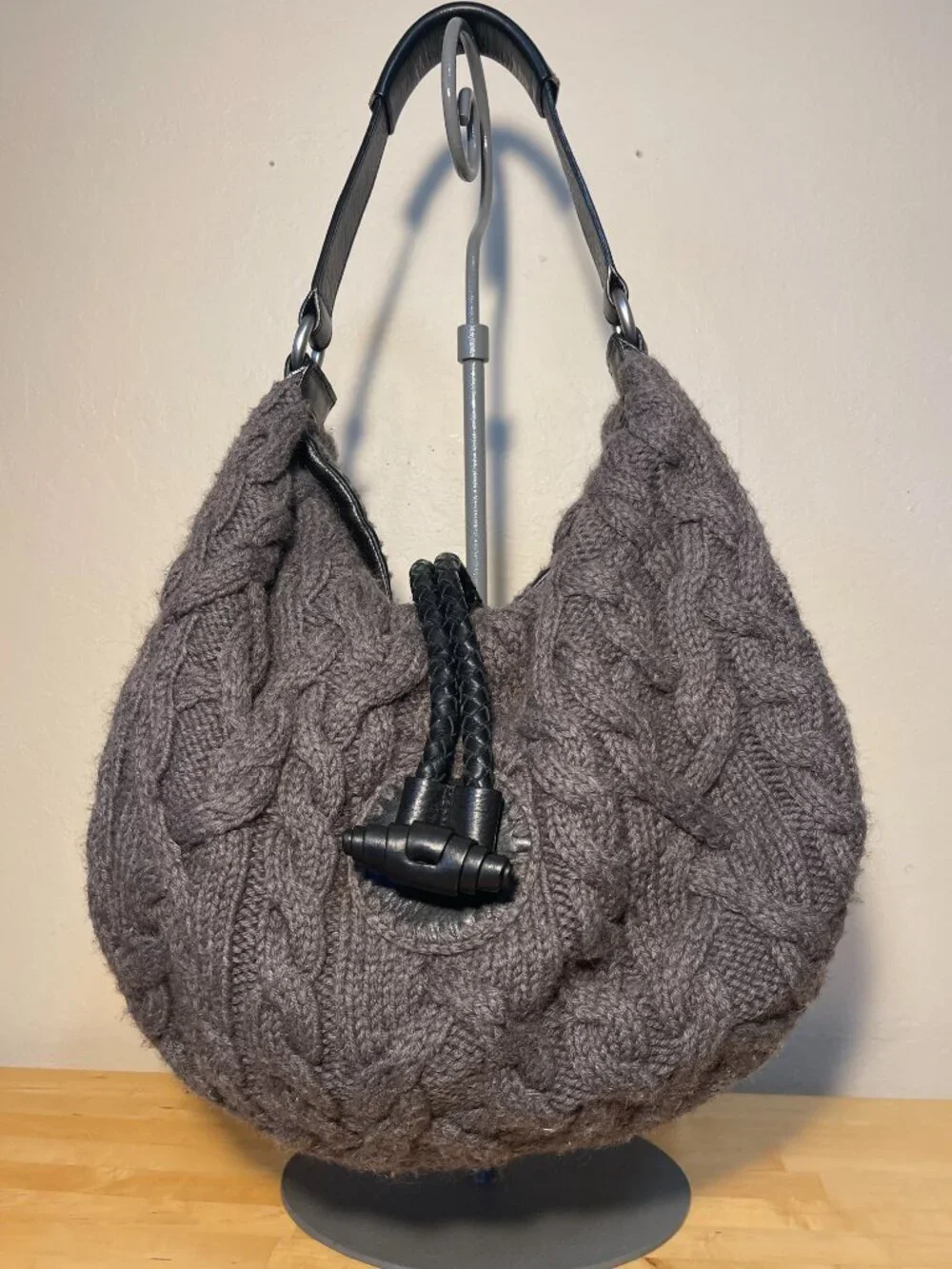 Banana Republic Gray Knit Hobo Bag Black Leather Strap Slouchy Shoulder Purse